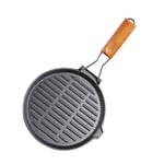 SOGA 24cm Round Ribbed Cast Iron Steak Frying Grill Skillet Pan with Folding Wooden Handle - Frying Pans - ZPai026