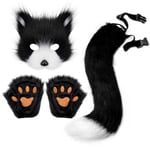 Konstgjord Pälsräv Svans Katt Varulv Cosplay Kostym Set Plysch Mask Fluffiga Tassar Handskar Halloween Jul Black and white One Size