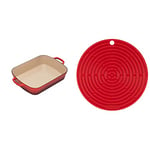 Le Creuset Signature Enamelled Cast Iron Rectangular Roasting Dish, 33 cm, 4.9 litres, Cerise, 20184330602422 & Le Creuset Cool Tool, Pot Holder/Trivet, Silicone, Round, 20 cm, Cerise, 93000230060200