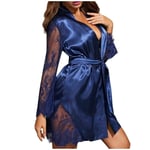 GROPC Robe De Chambre Satin Femme,Saint Valentin Sexy Nightwear Soie Soie Dentelle Manches Babydoll Robe Robe Peignoir Kimono Chemises Vêtements De Nuit Homewear pour Les Cadeaux d'amis,Bleu,XL