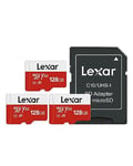 Lexar Carte Micro SD 128 Go Lot de 3 Cartes, Carte Mémoire Micro SD+ Adaptateur, Microsdxc Carte TF jusqu'à 100 Mo/s, A1, U3, C10, V30, Full HD et 4K UHD pour Caméra, Telephone, Switch