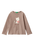 Benetton Long Sleeve Textured Tulle Cat Cotton T-Shirt