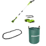 Greenworks G40PSFK2 Cordless Pole Saw, 20cm Bar Length, 8m/s Chain Speed, 3.64kg,2.58m Pole Reach, 40V 2Ah Battery & Charger+ Greenworks 20cm Saw Chain + Greenworks 120 L Garden Waste Bag