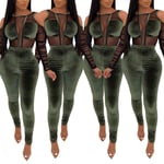 JJZZ Femmes 2 pièces Tenues, Sexy Manches Longues Club Mesh Couture Velvet Bolycéon Cold Epaule Combinaison Meilleur Cadeau pour Femme, Soeur, Petite Amie,Vert,S