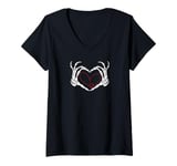 Womens Skeleton Hands Heart Spooky Retro Love V-Neck T-Shirt