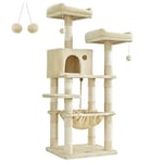 Feandrea Arbre à Chat Hauteur 143 cm, Tour de Jeux pour Chat, avec 11 Poteaux à Griffer, 2 Plateformes, 1 Niche, 1 Hamac, 2 Pompons, en Tissu Peluche, Plusieurs Niveaux, Beige PCT15BE