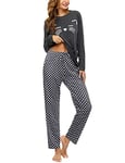 Uniexcosm Pyjama Coton Femme Long Ensemble Pyjama Femme Hiver Chat Col Ronde Manches Longues Vêtement Nuit Femme avec Poches Latérales Chat-Gris Foncé XL