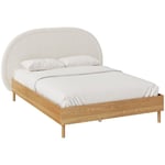 Lit double 140x190 cm en tissu bouclé beige et pieds en bois d'hévéa - eva