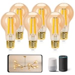 Aigostar Edison Ampoule Connectée Alexa E27 6W Ampoules Vintage WiFi LED A60 Ampoule Intelligent Retro, Compatible avec Alexa et Google Home, Dimmable 2700K-6500K. Ambre 6 Unités.