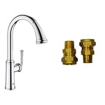 GROHE Gloucester & UK Adaptors – 1 Lever Kitchen Sink Pull Out Mixer Tap (High C-Spout, 2 Spray, 28 mm Ceramic Cartridge, 360° Swivel Range, Tails 3/8 Inch), Quick Mount Included, Chrome, 30422000