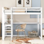 Lit enfant cadre de lit mezzanine avec rangements, entièrement en pin, avec 4 compartiments de rangement et un plateau de bureau, blanc, 140 x 200 cm