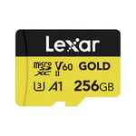 Lexar GOLD Carte Micro SD 256Go, carte mémoire flash microSDXC UHS-II, carte microSD V60, U3, A1, C10, lecture jusqu'à 280Mo/s, pour drone/caméra d'action/appareil de jeu UHS-II (LMSGOLD256G-BNNNG)