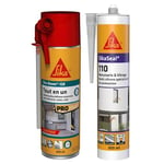 SIKA - Mousse polyuréthane expansive - Usage tous sens - Expansion 20L - 400ml - Blanc + Mastic silicone pour joint de menuiserie et vitrage - 300ml - Transparent