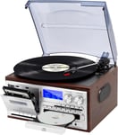 9-In-1 Platine Vinyle 3 Vitesses Bluetooth Avec Pr Audio 3,5 Mm, Vinyle Phono Avec Haut-Parleurs Stéréo Intégrés/Piles, Cd/Cassette, Radio Am/Fm, Usb/Sd, Marron