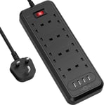 Surge Protected Extension Lead with USB Slots, KEPLUG 8 Way Plug Black 