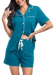 Lovasy Pyjama Coton Femme Short Ensemble Pyjamas Légers Col V Manches Courtes Chic Été 2 Pièces Vêtements de Nuit Court Boutonnée A Bleu Paon XXL