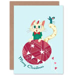 Cute Cat And Mouse Christmas Card Illustration Blue Greetings Card Plus Envelope Blank inside