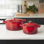 Cast Iron Pot Pan Casserole Dish Set Cooking Hob Oven 2 Piece 20cm / 26cm Red