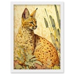 Serval Cat in Nature Detailed Watercolour and Ink Bright Illustration Artwork Framed Wall Art Print A4