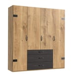 Armoire PORTLAND style industriel 200 cm 4 portes chêne poutre graphite