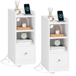 Hzuaneri Table de Chevet Lot de 2, avec Multiprise, Port USB et Type C, Table d'appoint Étroite, Espace de Rangement à 3 Niveaux avec 1 Tiroir, pour Chambre à Coucher, Salon, Blanc NS36503X