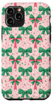 iPhone 11 Pro Green Bows On Pink Preppy Christmas Festive Pattern Case