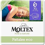 Moltex Pure & Nature Couches écologiques Taille 6 (17-28 kg) - 140 couches (4 sacs de 35 unités), blanc avec motif imprimé