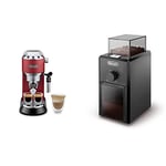 De'Longhi Dedica Style, Machine expresso pour préparer des boissons café et lactées, Rouge & KG79 Moulin Electrique, Broyeur pour Grains de Café avec Réservoir d'une Capacité de 120 g, Noir