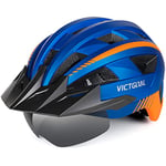 VICTGOAL Casque Velo Homme Casque VTT Montagne avec Visière Magnétique Amovible, Capuchon de Protection Solaire Amovible et éclairage LED Casque Velo Route pour Adulte (XL: 59-63cm, Bleu)