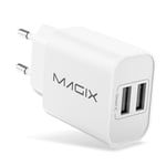 Magix Chargeur Mural Double USB , (5V-2.4A 5V-1.0A) Sortie maximale 5V-3.4A 17W Charge Rapide (Prise EUR)(Blanc)