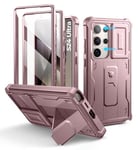 Dexnor pour Coque Samsung Galaxy S24 Ultra【Double Cadre Avant et Support】 avec CaméRa Coulissante Intégrée & Protecteur d'écran, Coque de Protection Robuste Résistante Aux Chocs - Poudre Pivoine