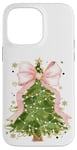 Coque pour iPhone 14 Pro Max Coquette rose avec nœud en ruban et sapin de Noël vert pour fille