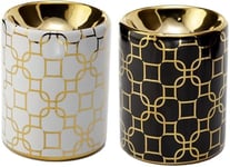 Modern, Metallic Gold Geometric Design, Ceramic Mini Oil Burners - Set of 2 [BLACK & WHITE] + Free tealight