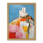 Artery8 House on the Hill Oil Painting Abstract Geometric Patchwork Palette Knife Pastel Colour Rural Landscape Artwork Framed Wall Art Print 18X24 Inch