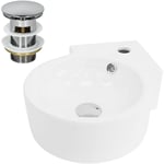 Ml-design - Lavabo d'Angle en Céramique Blanc, 45x36x13 cm, Rond, avec Bouchon de Vidage Chrome en Laiton, Trop-Plein et Trou pour Robinet Inclus,