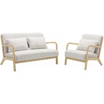 Sweeek - Banquette 2 places + Fauteuil en bois et tissu bouclette