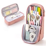 iSuperb 2 Layer Standing Pennenetui Cell Phone Support Etui Stand Up Fold Downpennenhouder Double Pen Holder with Zipper, Office School Desk Stationery Organizer Slide Stand Pencil Bag (Pink)