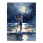 Dancing In The Waves Watercolour Painting Blue Yellow Couple Dancing Under A Full Moon In Coastal Landscape Bedroom Art Unframed Wall Art Print Poster