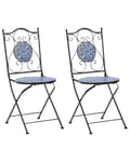 Trädgårdsstol 2 st Svart Metall Järnram Hopfällbar Blå Mosaikplattor Mönster Vintage Stil Utomhus