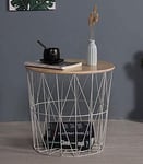 HOMION Round Side Table Wire Metal Storage Basket Modern Side Table Bedroom Balcony Corner Tea Table Bedside Table Sofa Side Table Hallway Living Room (White + Natural Lid, Small)