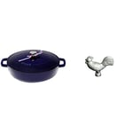 STAUB 40511-476-0 Cast Iron Chistera, Dark Blue, 28 cm & 40509-346-0 Rooster Lid Knob, Cast Iron, Silver