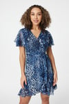 Izabel London Womens Multi Blue Leopard Print Short Wrap Dress - Size 12 UK