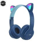 navy blue Oreille de chat Bluetooth sans fil P47 avec micro, écouteurs stéréo, casques de basse, écouteurs PC, casque de téléphone Gamer, sauna, pour fille, enfants ""Nipseyteko