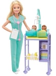 Barbie Métiers Coffret poupée Pédiatre Blonde avec Cabinet médical, Deux bébés et Accessoires, Jouet pour Enfant, GKH23