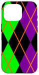 Coque pour iPhone 16 Pro Clowncore Halloween Losanges Plaid Violet Vert Clown Jester