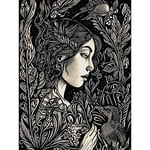 Artery8 Woman with Crow in a Field Black and White Linocut Extra Large XL Wall Art Poster Print