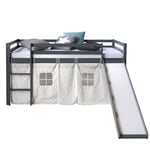 Lits superposés mezzanine enfant 90x200 cm Bois Gris Toboggan Rideau Homestyle4u