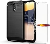 For Nokia 2.3, Carbon Fibre Shockproof Armour Phone Case Cover + 9h Screen Glass