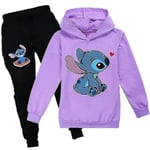 Barn Flickor Stitch Träningsoverall Huvtröja Toppar Huvtröja Joggingbyxor Set Outfits Kläder 11- Purple