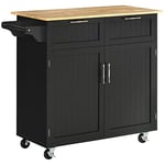 HOMCOM Isola Cuisine avec plan de travail en bois de caoutchouc, chariot de cuisine avec roues, 2 tiroirs, armoire, étagères réglables et porte sèches, en bois MDF, 104 x 46 x 91 cm, noir